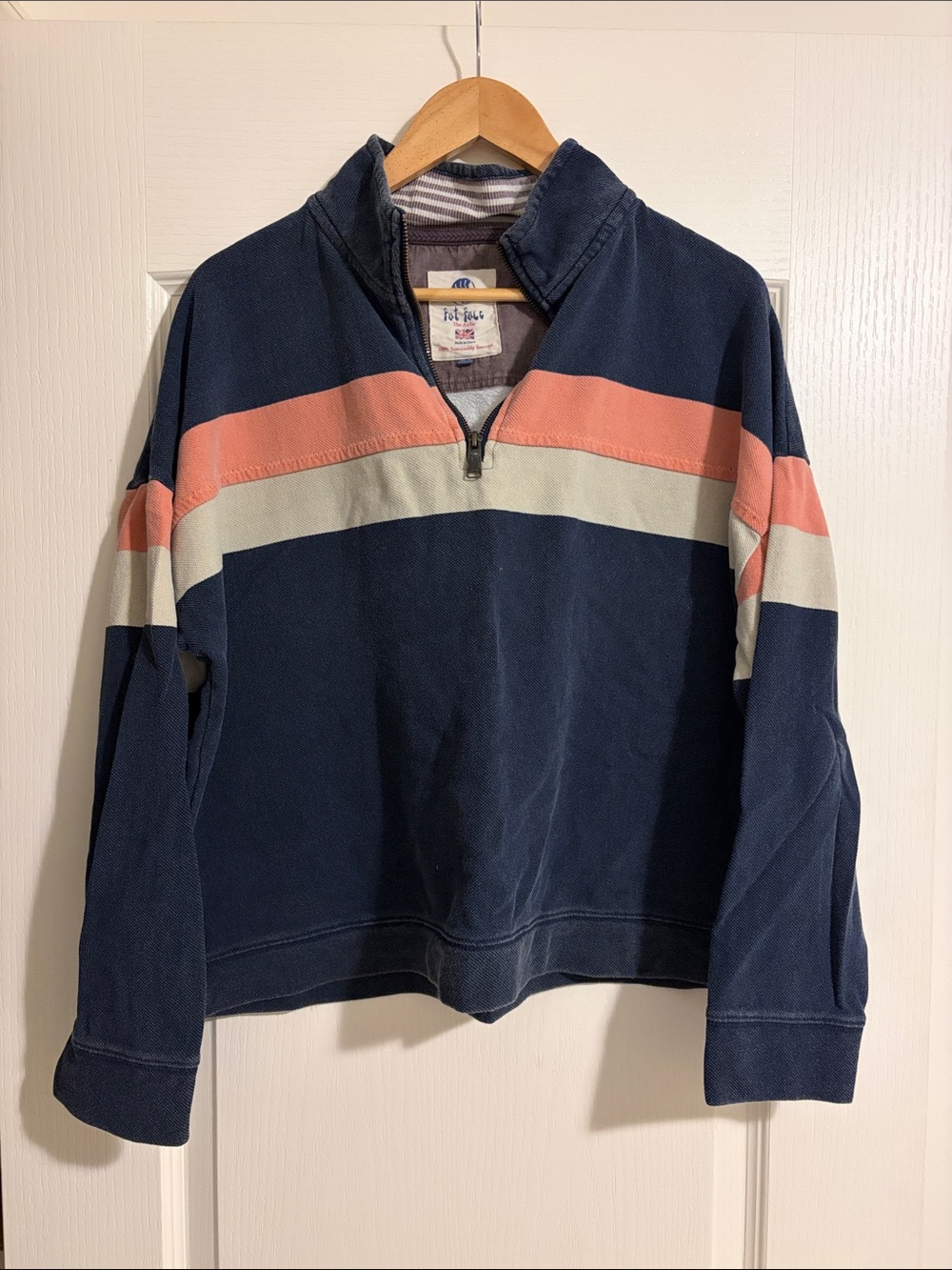 Fat Face Navy Quarter-Zip Sweater with Coral and Cream Stripes